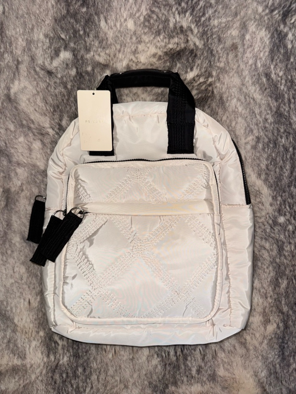 Primark- Quilted White Mini Backpack with Black Straps
